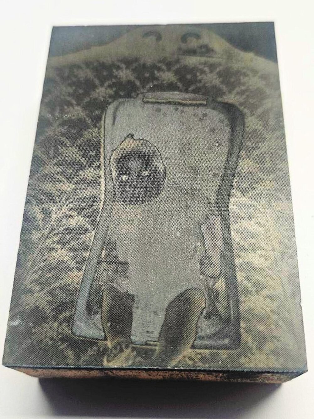 Vintage Wood & Engraved Copper Metal Printer’s Block of a Baby Printing Plate